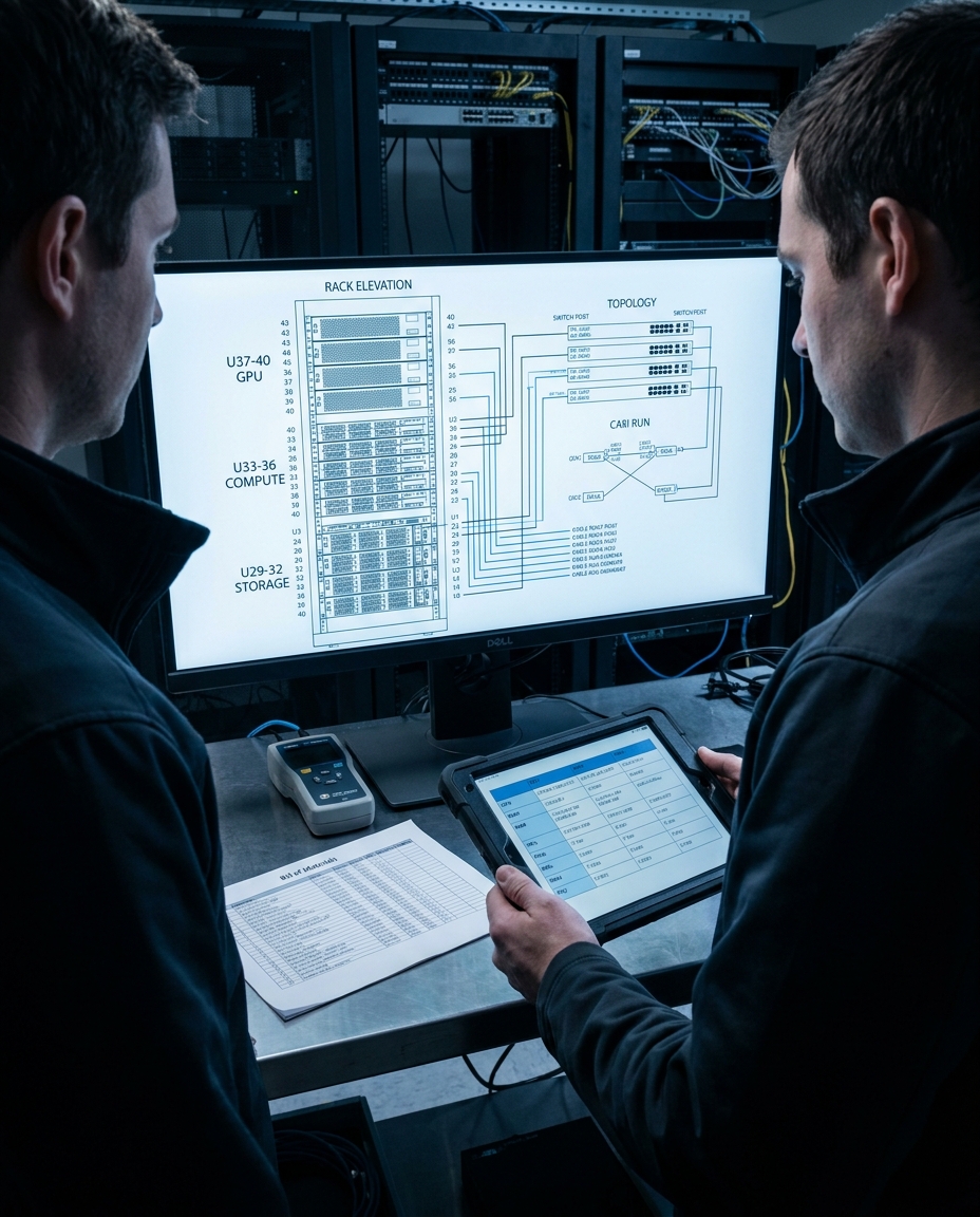 Two systems-integration engineers reviewing a rack elevation drawing and port map on a large monitor