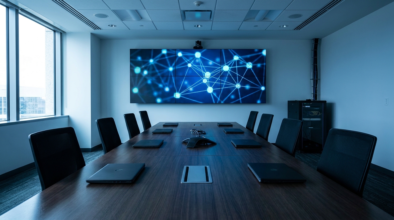Executive briefing room with a large wall display showing an abstract system topology, cool navy lighting