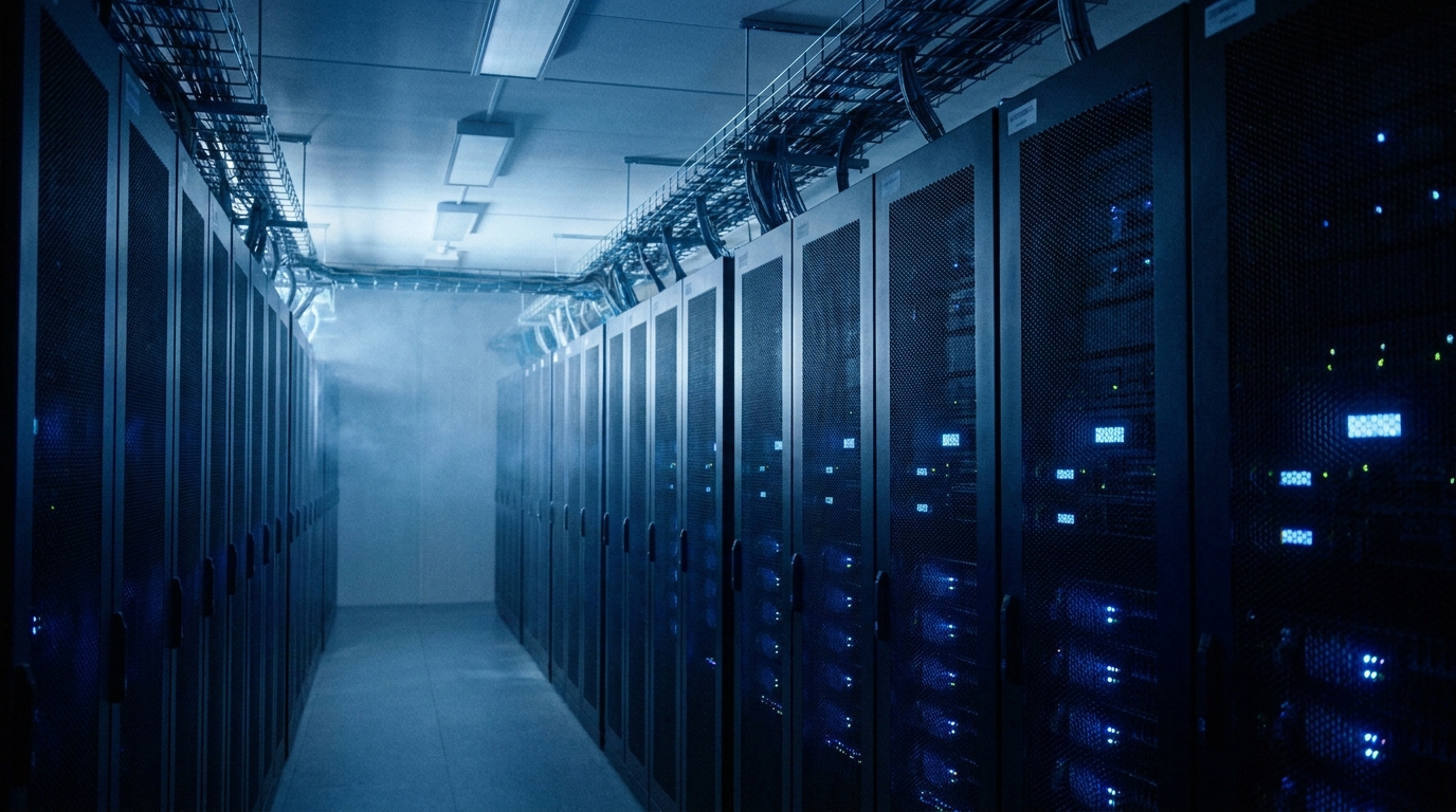 Datacenter aisle with rows of server racks lit by cool blue indicators