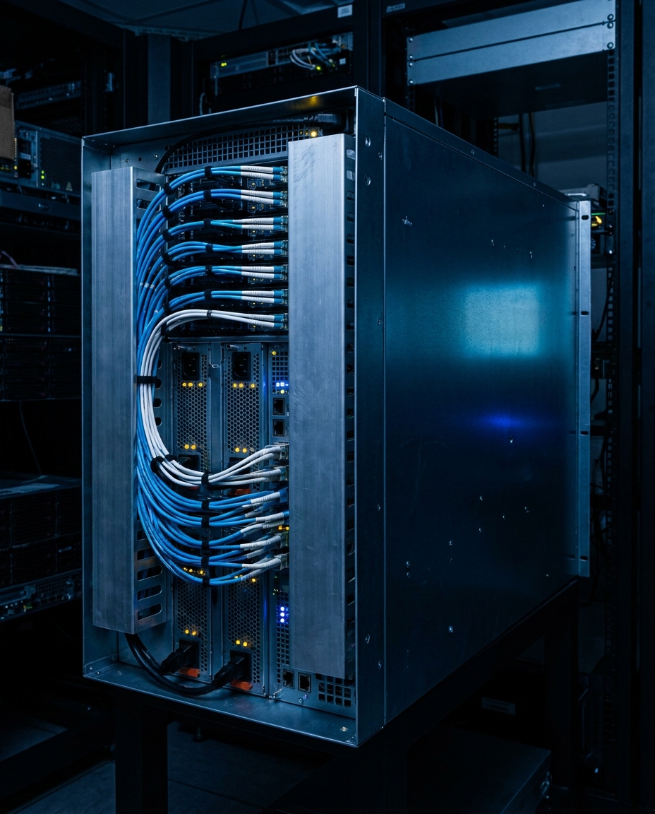Rear of a GPU server rack with neat blue fibre cabling and indicator LEDs